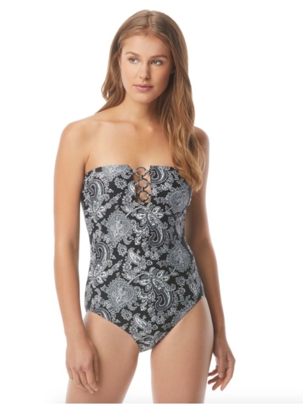 Michael Kors Strapless Black Paisley One-Piece Swimsuit with Lace-Up Front